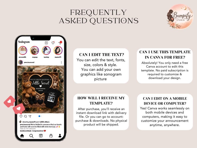 Pu&ograve; includere: Uno screenshot del telefono mostra un modello di annuncio di gravidanza con il testo "We've Been Keeping a Little Secret". L'immagine include un orsacchiotto, vestiti per bambini e il testo "Happy Mother's Day".