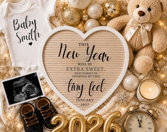 Szablon ogłoszenia o ciąży w 2027 roku, ogłoszenie ciąży w Nowym Roku, ogłoszenie o narodzinach dziecka w styczniu, edytowalne ogłoszenie o narodzinach dziecka w Canva, post w mediach społecznościowych
