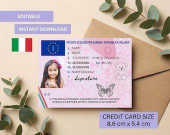 Patente di guida per bambini italiana per finta, modello di patente di guida per bambini, giocattolo stampabile, modificabile, download digitale