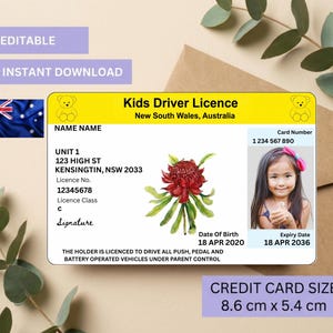 Peut inclure: Une carte de permis de conduire pour enfants rectangulaire de 8,6 cm sur 5,4 cm avec un en-tête jaune, une icône d'ours en peluche et le texte New South Wales, Australia. Elle présente une illustration de fleur waratah rouge et du texte.