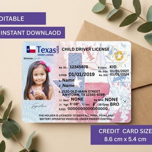 May include: A rectangular Texas Child Driver License card measuring 8.6 cm by 5.4 cm. The card features a photograph of a young child, the text Texas Driver License, and various fields including name, address, and birth date. It includes a graphic of the state of Texas, a star, and a teddy bear icon.