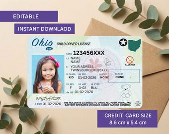 Plantilla de licencia de conducir infantil de Ohio, tarjeta de identificación editable para juegos de simulación para niños, licencia de conducir de juguete imprimible en Canva