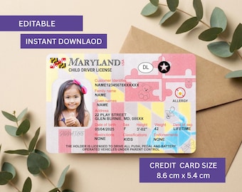 Modello di patente di guida per bambini del Maryland, carta d'identità modificabile per giochi di ruolo per bambini, patente di guida giocattolo stampabile con Canva