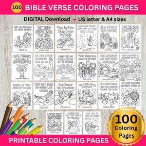 May include: A digital download of 100 Bible verse coloring pages. Each page features a different Bible verse with corresponding illustrations. Includes US letter and A4 sizes. A set of colored pencils is shown in the lower left corner.