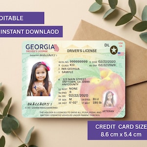 May include: A rectangular Georgia driver's licence template featuring a peach graphic, a placeholder photo of a child, and text including 'GEORGIA DRIVER'S LICENSE', 'IMA GEORGIA', and '123 NAIN STREET'. The card measures 8.6 cm by 5.4 cm.