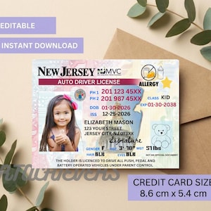 May include: A mock New Jersey auto driver license for a child, featuring a photo of a young girl with a pink bow. The card includes personal details, an allergy alert, and a teddy bear graphic. The card is credit card size, 8.6 cm x 5.4 cm.