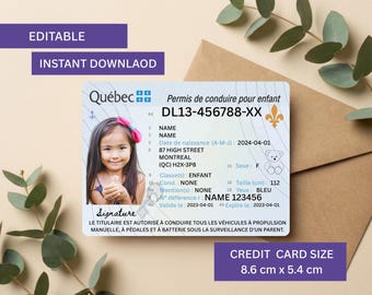 Pretend Play Canada rijbewijs voor kinderen, rijbewijssjabloon Quebec voor kinderen, afdrukbaar bewerkbaar rijbewijs, nieuw speelgoed ID-kaart