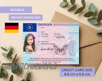 Deutscher Führerschein für Kinder, Kinderführerschein Führerscheinvorlage, Kinder Id Karte druckbar, bearbeitbarer Führerschein, weiter fahren