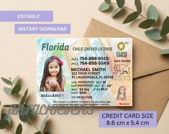 Pretend Play Usa Child Driver License, Florida Driving Licence Template for kids, Printable Toy Editable Keep Driving, Passed Driving