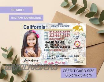 Brincadeira de Carteira de Motorista Americana para Crianças, Modelo de Carteira de Motorista da Califórnia para Crianças, Carteira de Motorista de Brinquedo Imprimível e Editável, Aprovado no Exame de Direção