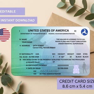 Pretend Play US Kids Pilot License, Editable ID Template, Aviator Printable Toy, Airplane Certificate, Aviation Gift, (Digital Download)