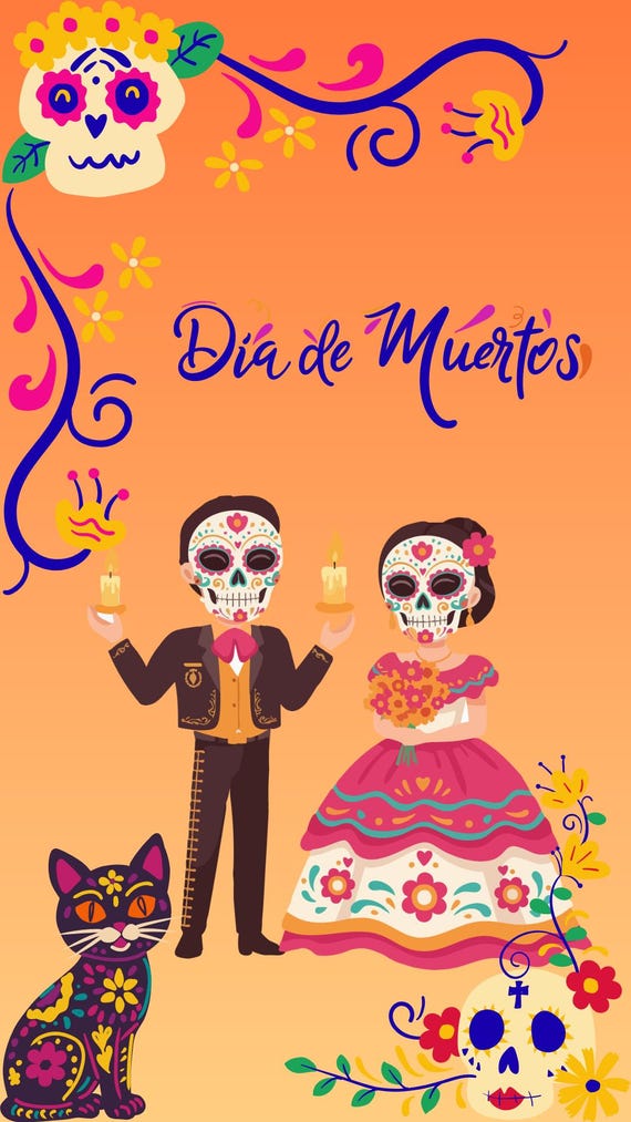 Dia de los Muertos Animated Video, Mexican Couple & Sugar Skull Cat, Day of the Dead, 15 Sec MP4