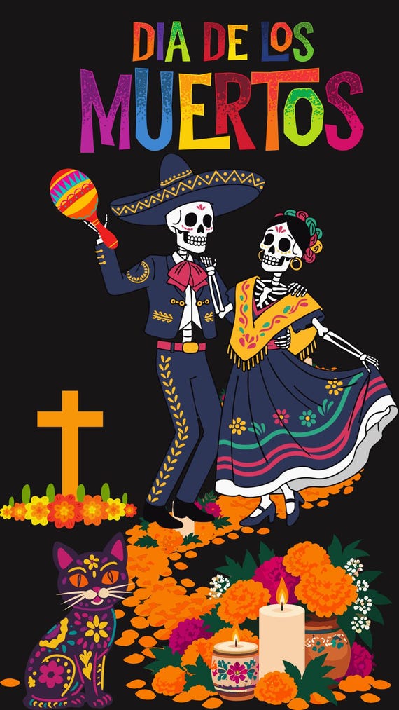 Dia de los Muertos Animated Video, Dancing Skeleton Couple, Sugar Skull Cat & Marigold Flowers, 15 Sec MP4