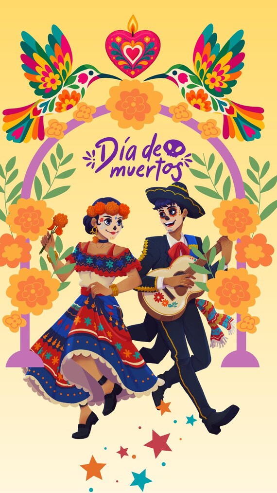 Dia de los Muertos Animated Video, Mexican Dancing Couple, Marigold Flowers & Colorful Hummingbirds, 15 Sec MP4