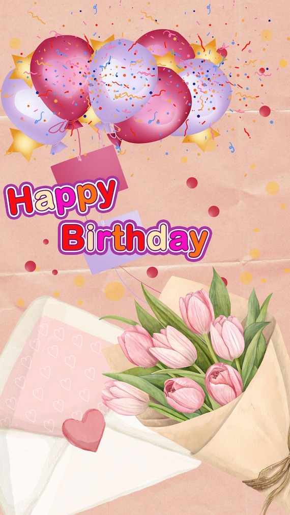 Animated Birthday Video Card | Pink Tulips, Confetti (Digital Download)