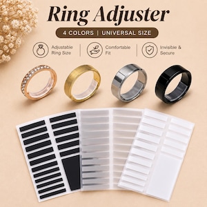 May include: A ring adjuster set featuring four rings in rose gold, gold, silver, and black, alongside adhesive strips in black, grey, and clear. Text includes Ring Adjuster, 4 COLORS | UNIVERSAL SIZE, Adjustable Ring Size, Comfortable Fit, and Invisible & Secure.