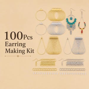 May include: A 100-piece earring making kit featuring gold and silver-toned circular and teardrop-shaped wire frames, earring hooks, jump rings, and clear earring backs, alongside two assembled example earrings with turquoise and multi-colored beads.
