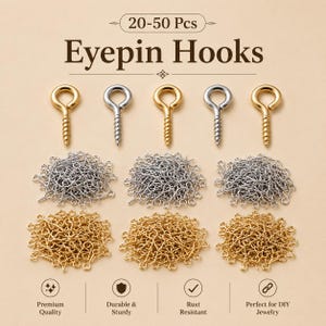 May include: A collection of gold and silver-toned metal eyepin hooks, featuring threaded screw ends and circular loops. The display includes individual hooks and large piles of assorted hardware with text reading 20-50 Pcs Eyepin Hooks.