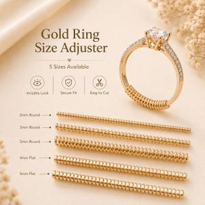 May include: A gold ring size adjuster set featuring five coiled strips in round and flat styles, labeled 2mm Round, 3mm Round, 5mm Round, 4mm Flat, and 5mm Flat. The image shows a gold ring with a coiled adjuster attached, plus icons for invisible look, secure fit, and easy to cut.