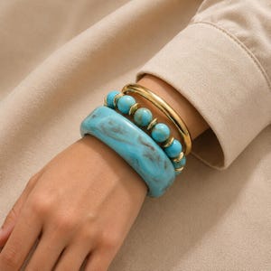 Chunky Resin Bangle Bracelet Set, 3 Pcs Vintage Stackable Colorful Beaded Bracelets, Wide Acrylic Cuff Gold Slip On Jewelry Gift for Her