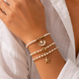 Perlen Armband Set Frauen Gold Muschel Seestern Charm Perlen Boho Strand Schmuck Geschenk Her Ozean Armband Stapel