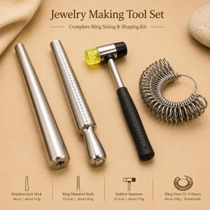 Professionelles Ringmessset mit Gummihammer, Schmuckwerkzeug-Set aus Edelstahl, Ringmessstab aus Metall mit Öse