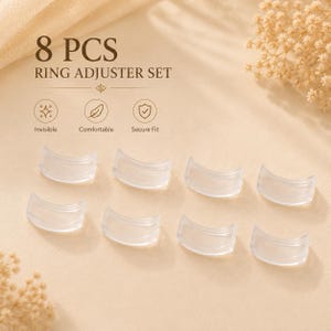 May include: An 8-piece ring adjuster set featuring clear, curved silicone inserts. The text 8 PCS RING ADJUSTER SET is displayed above three circular icons labeled Invisible, Comfortable, and Secure Fit, indicating the product's functional design.