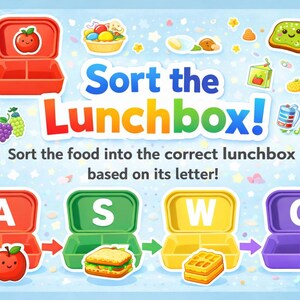 Może przedstawiać: Kolorowa grafika edukacyjna z tekstem "Sort the Lunchbox!". Przedstawia różne produkty spożywcze i pojemniki na lunch oznaczone literami. Obraz zachęca do sortowania żywności do odpowiedniego pojemnika na lunch na podstawie litery.