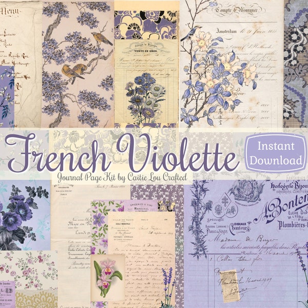 French Violette 18 Page Printable Journal Kit with Tags, Parisian Vintage Floral Digital Kit, Wallpaper for Junk Journaling, Purple Violet