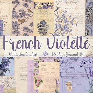 Könnte beinhalten: Eine Collage aus Papieren im Vintage-Stil in Lila-, Lavendel- und Cremetönen. Das Design umfasst florale Muster, handschriftliche Schriftzüge und botanische Illustrationen. Der Text "French Violette" und "18 Page Journal Kit" sind sichtbar.