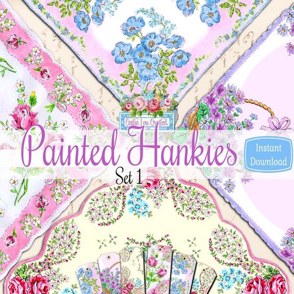 Hand Painted Hankies Set 1. Printable Hanky Designs . Pockets . Tags . Gouache & Ink Vintage Linens . Digitals for Junk Journals, Journaling