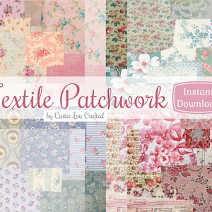 以下が含まれることがあります： ピンク、ブルー、グリーン、ホワイトの36種類の異なる花柄のファブリックデザインのデジタルコラージュ。画像には「Textile Patchwork by Caitie Lou Crafted」と「Instant Download」のテキストが含まれています。