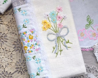 Elizabeth - 100% Handmade Hand-Stitched OOAK Heirloom Journal REMOVABLE COVER Floral Embroidery Cross-Stitch Vintage Pastels Keepsake