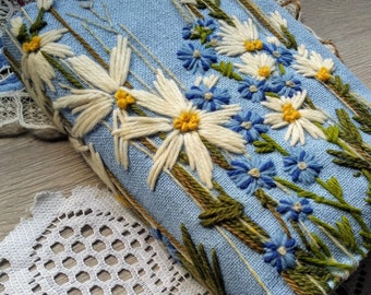 Sky : Handmade Handstitched Nature Journal w/ REMOVABLE COVER Junk Journal Botanical Floral Themed Repurposed Linens Embroidery Daisys