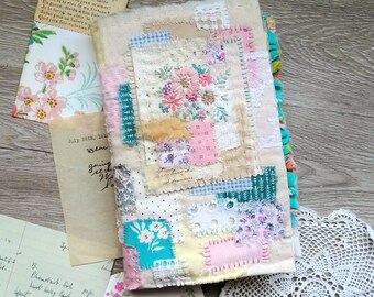 Amelia - 100% Hand Stitched Handmade OOAK Soft Florals Journal, pinks & teals, Embroidered Shabby chic textiles vintage style