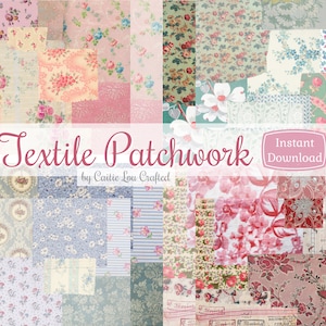 May include: A digital collage of 36 vintage floral patterned fabric swatches in shades of pink, blue, green, and white. The text "Textile Patchwork by Caitie Lou Crafted" and "Instant Download" is displayed on the image.