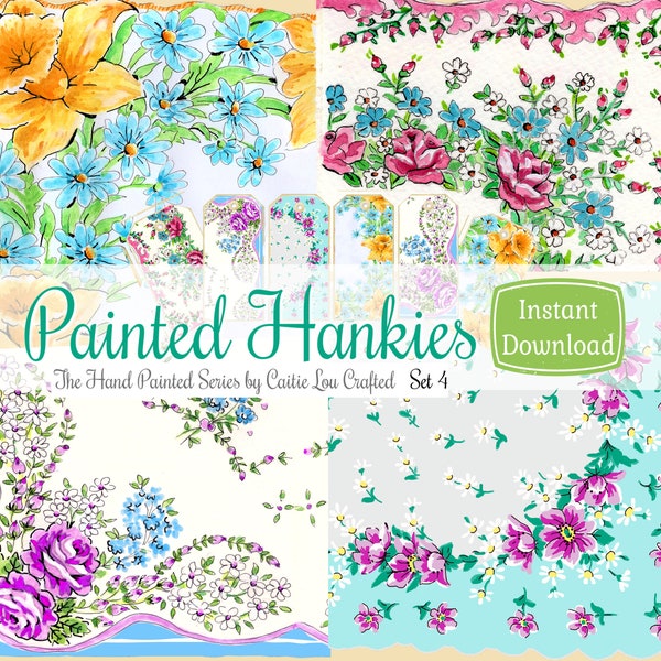 Hand Painted Hankies Set 4. Printable Hanky Designs . Pockets . Tags . Gouache & Ink Vintage Linens . Digitals for Junk Journals, Journaling