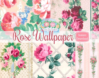 ヴィンテージローズ壁紙：絵画のような花柄プリント（デジタルダウンロード）