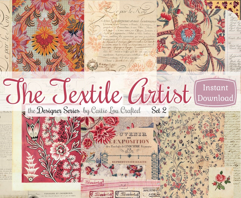 The Textile Artist Set 2 Digital Six Page Designer Kit Printable Junk Journal Collection Vintage Textile Design Art Instant Download image 4