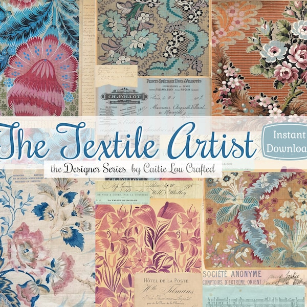 The Textile Artist Digital Six Page Designer Kit, Printable Junk Journal Collection Vintage Textile Design Illustration, Floral Textile Art