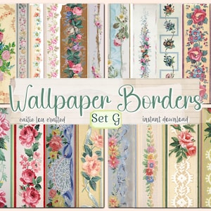 May include: A collection of vintage-style wallpaper borders featuring floral designs in various colors. The image includes borders with roses, other flowers, and decorative patterns. Text on the image reads "Wallpaper Borders Set G".