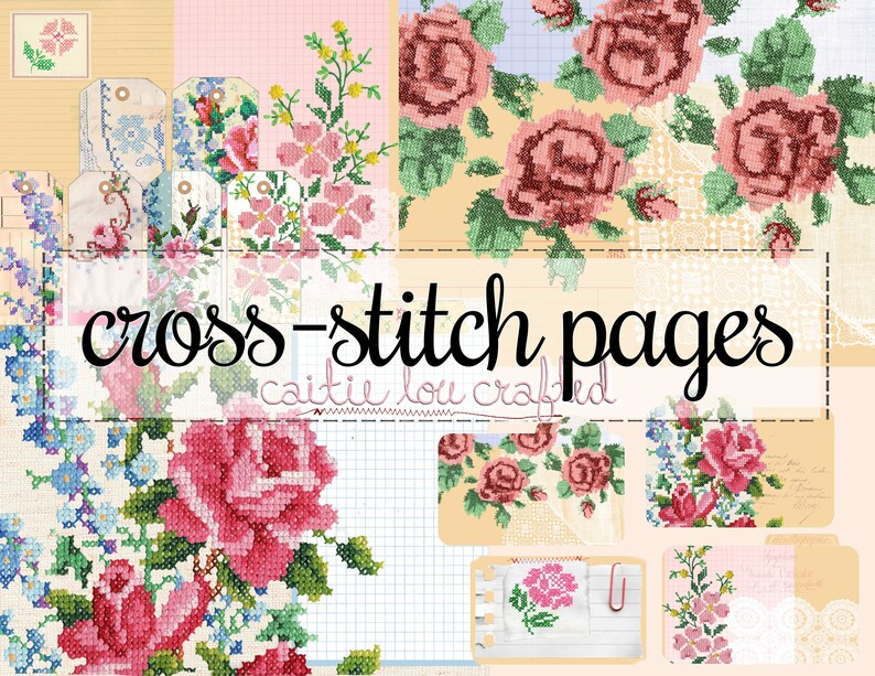 Floral Cross Stitch Journal Page Kit W/ Ephemera Tags Index Etsy