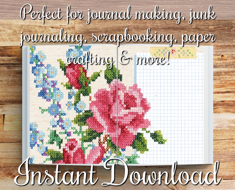 Floral Cross Stitch Journal Page Kit W/ Ephemera Tags Index Cards