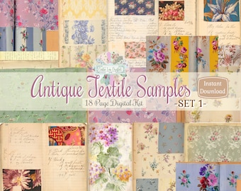 アンティークテキスタイルサンプル：18ページの印刷可能なデザイナーキット（デジタルダウンロード）