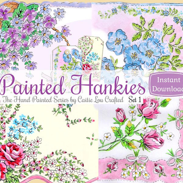 Hand Painted Hankies Set 1. Printable Hanky Designs . Pockets . Tags . Gouache & Ink Vintage Linens . Digitals for Junk Journals, Journaling