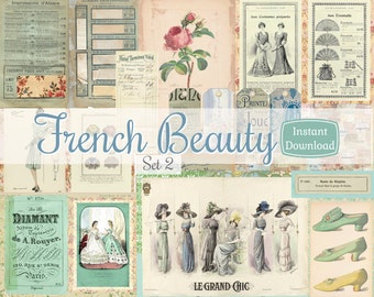 French Beauty Ephemera Kit: vintage advertenties, labels, tags (digitale download)