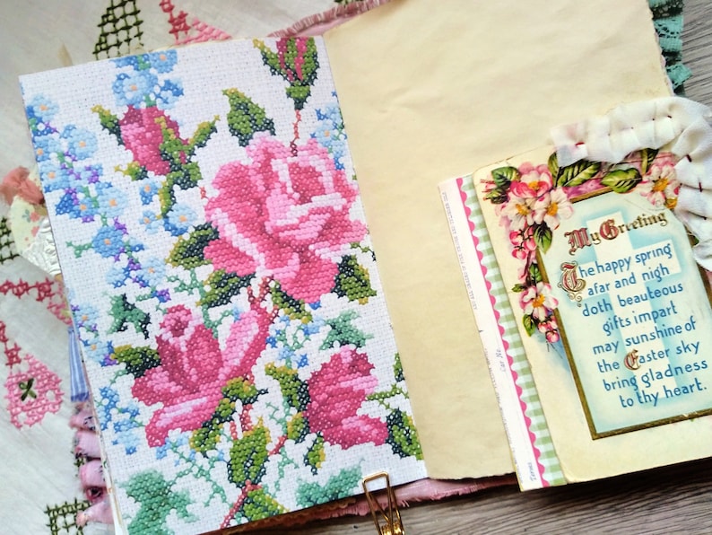 Floral Cross Stitch Journal Page Kit W/ Ephemera Tags Index Cards