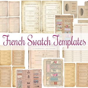 Puede incluir: Una colección de plantillas de muestras y efímeras francesas vintage. La imagen presenta varios documentos de papel envejecido, incluyendo etiquetas de precios, recibos y tarjetas de muestra. El texto "French Swatch Templates" se muestra en una fuente decorativa.