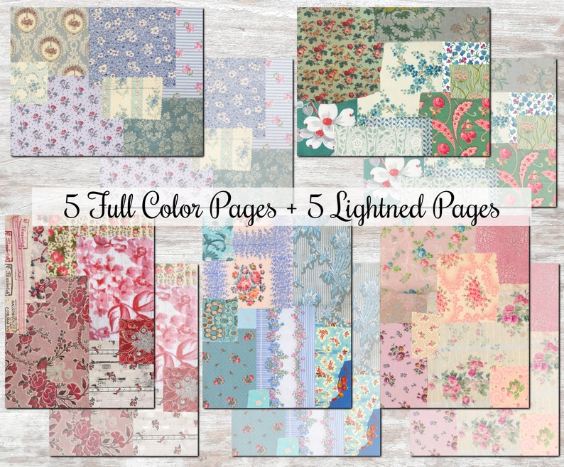以下が含まれることがあります： 10種類の異なる花の模様が描かれたデジタルコラージュシート。模様は青、ピンク、緑の色合いで描かれています。シートの上部には「5 Full Color Pages + 5 Lightened Pages」というテキストがあります。