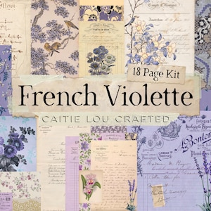 Könnte beinhalten: Ein digitales Collage-Set mit dem Titel French Violette von Caitie Lou Crafted, bestehend aus 18 Seiten im Vintage-Stil, darunter antike französische Dokumente, botanische Illustrationen von violetten Blumen, Lavendel und floralen Mustern.